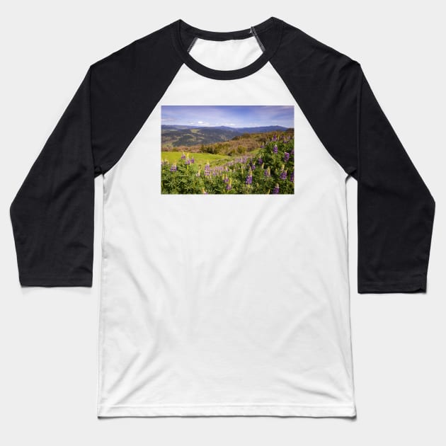 Lupine flowers and mountains Baseball T-Shirt by blossomcophoto